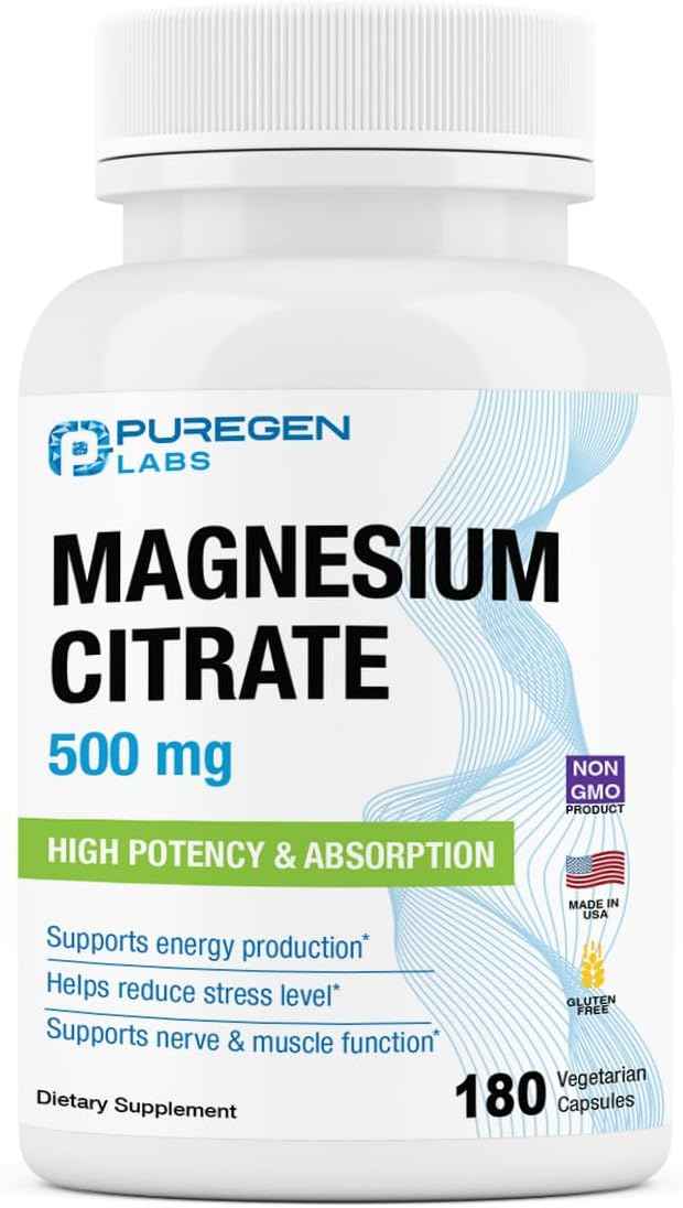 Magnesium Citrate 500 mg | High Potency Elemental Magnesium | Total 180 Veggie Caps, Superior Absorption, Non-GMO, NO Gluten and Dairy, Supports Muscle, Joint, and Heart Health