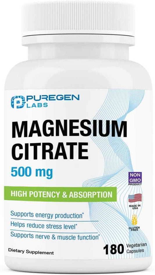 Magnesium Citrate 500 mg | High Potency Elemental Magnesium | Total 180 Veggie Caps, Superior Absorption, Non-GMO, NO Gluten and Dairy, Supports Muscle, Joint, and Heart Health