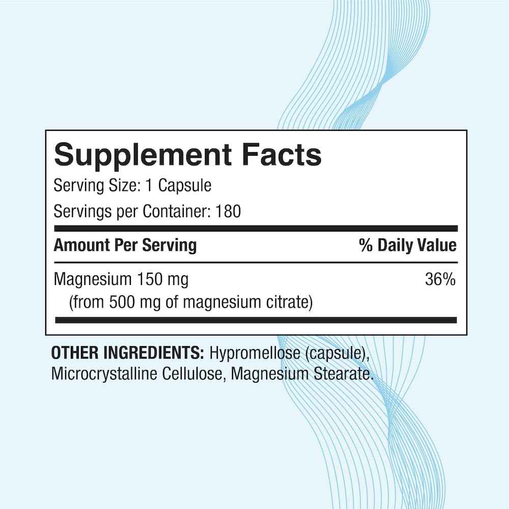Magnesium Citrate 500 mg | High Potency Elemental Magnesium | Total 180 Veggie Caps, Superior Absorption, Non-GMO, NO Gluten and Dairy, Supports Muscle, Joint, and Heart Health