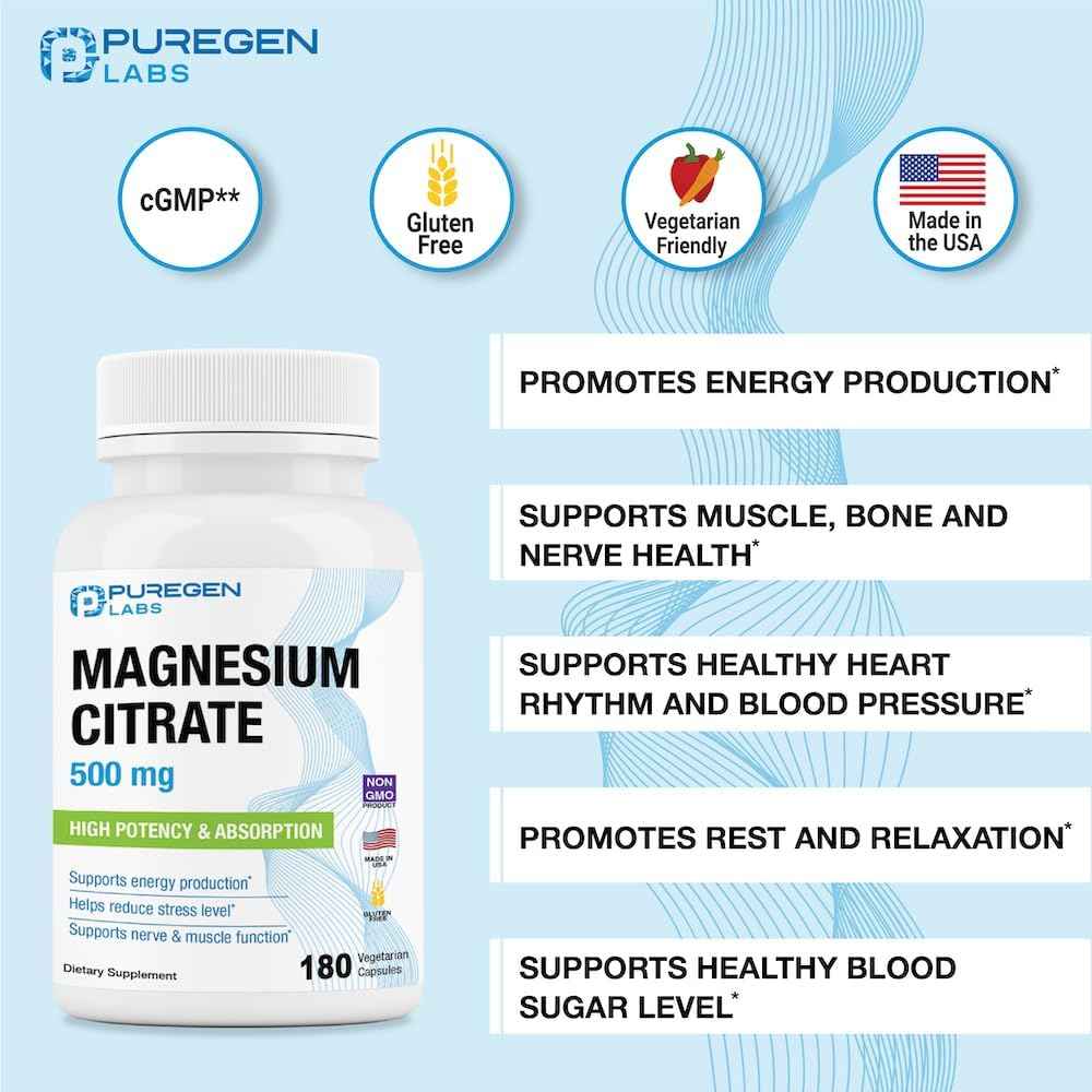Magnesium Citrate 500 mg | High Potency Elemental Magnesium | Total 180 Veggie Caps, Superior Absorption, Non-GMO, NO Gluten and Dairy, Supports Muscle, Joint, and Heart Health