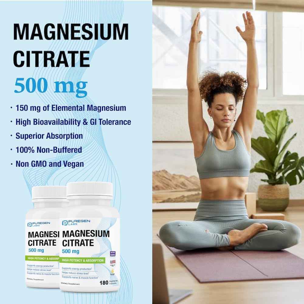 Magnesium Citrate 500 mg | High Potency Elemental Magnesium | Total 180 Veggie Caps, Superior Absorption, Non-GMO, NO Gluten and Dairy, Supports Muscle, Joint, and Heart Health