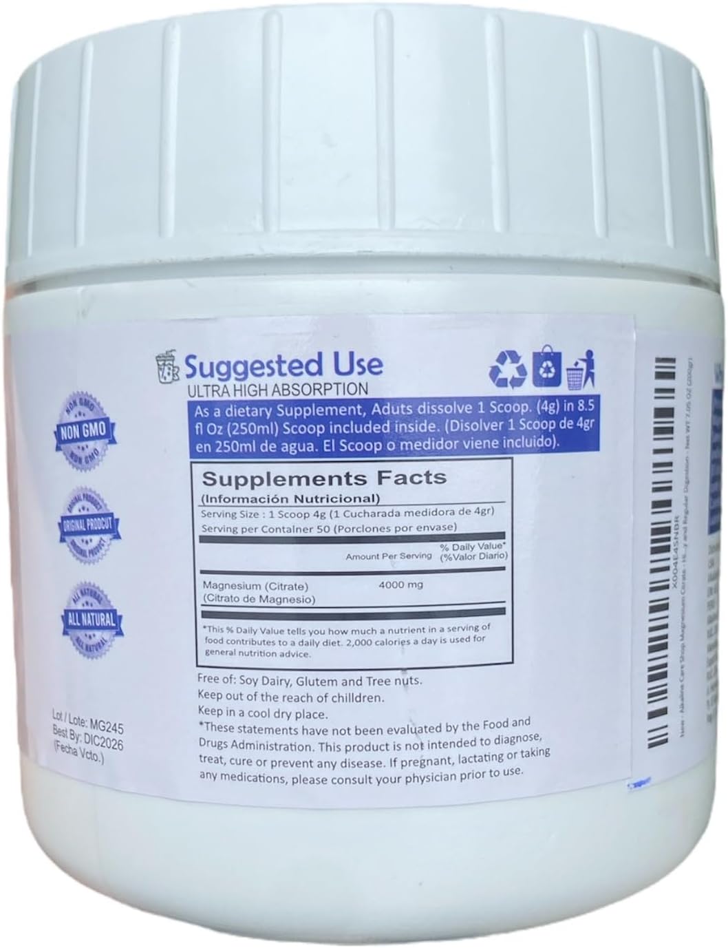 Magnesium Citrate Powder Supplement for Alkaline Care | Anti-Stress, Gluten Free, Non-GMO | Supports Sleep, Muscle, Bone Health & Energy | 7.05 OZ (200gr)