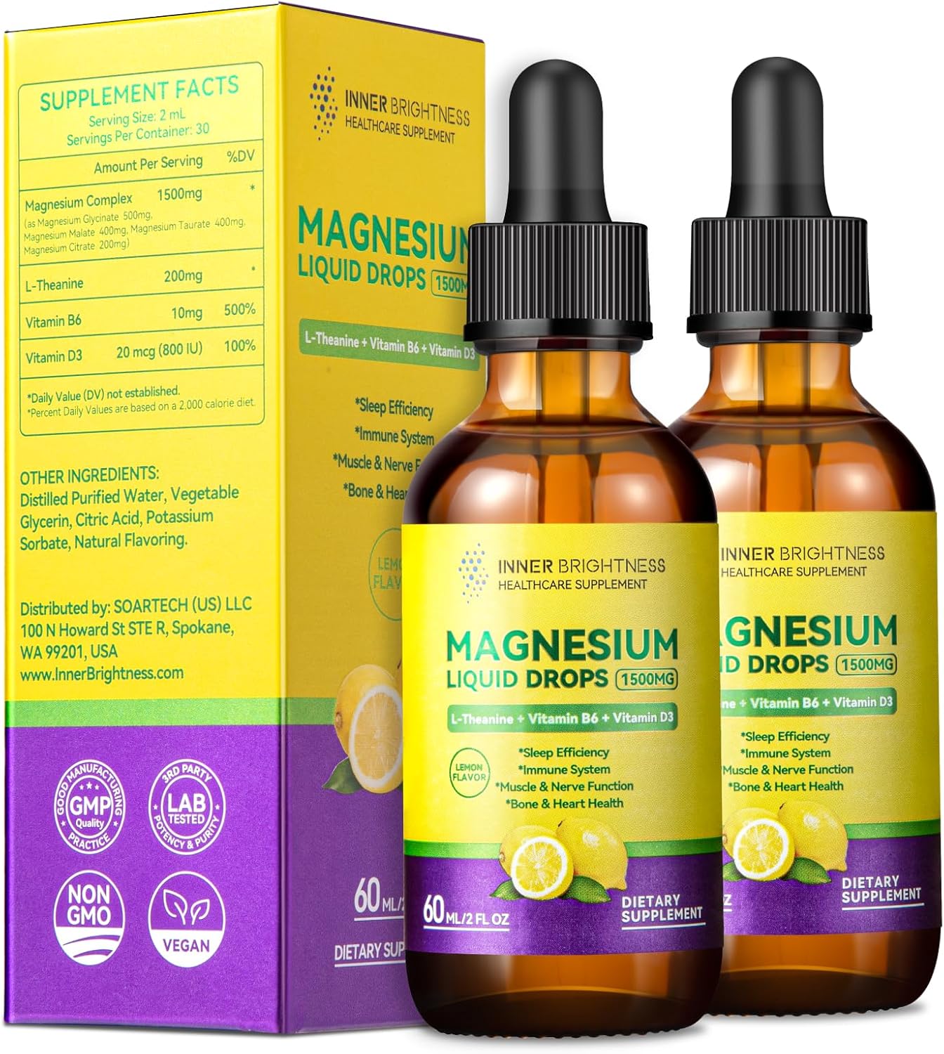 Magnesium Glycinate Liquid Drops 1500mg with Citrate, Taurate, L-Theanine, D3, B6 - Calm, Sleep, Muscle Relaxation, Leg Cramps, Energy - Lemon Flavor, 60mL-2 Pack