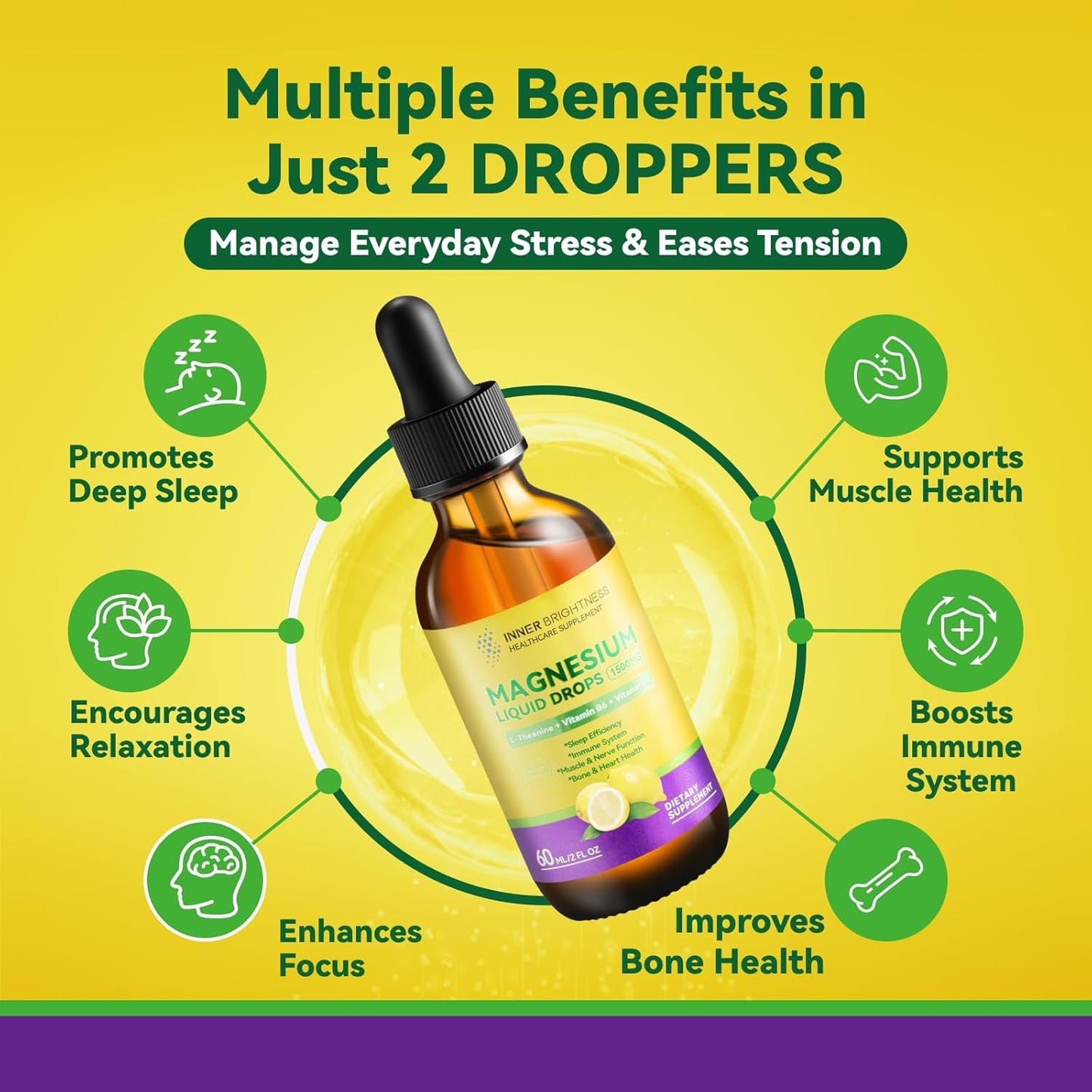 Magnesium Glycinate Liquid Drops 1500mg with Citrate, Taurate, L-Theanine, D3, B6 - Calm, Sleep, Muscle Relaxation, Leg Cramps, Energy - Lemon Flavor, 60mL-2 Pack