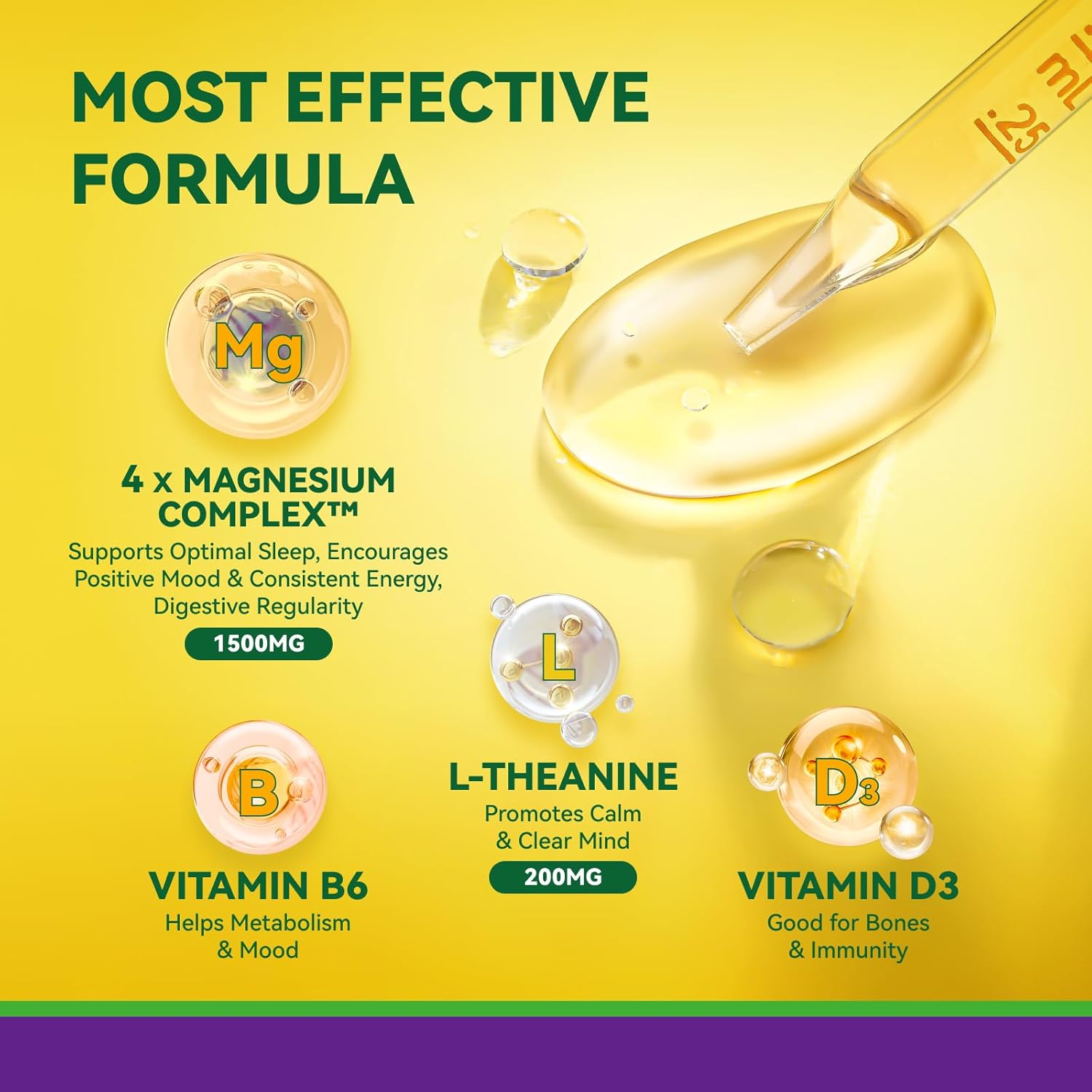 Magnesium Glycinate Liquid Drops 1500mg with Citrate, Taurate, L-Theanine, D3, B6 - Calm, Sleep, Muscle Relaxation, Leg Cramps, Energy - Lemon Flavor, 60mL-2 Pack