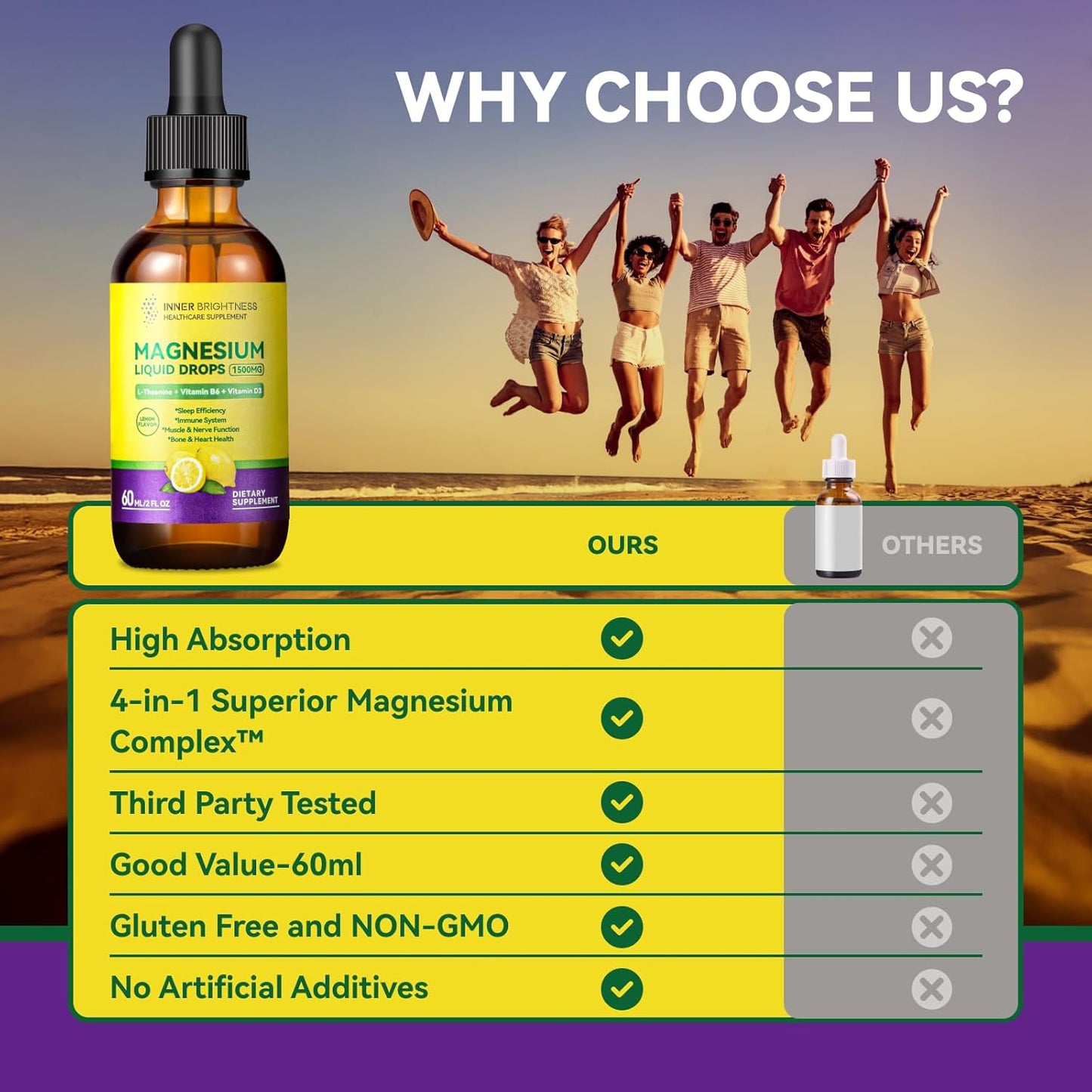 Magnesium Glycinate Liquid Drops 1500mg with Citrate, Taurate, L-Theanine, D3, B6 - Calm, Sleep, Muscle Relaxation, Leg Cramps, Energy - Lemon Flavor, 60mL-2 Pack