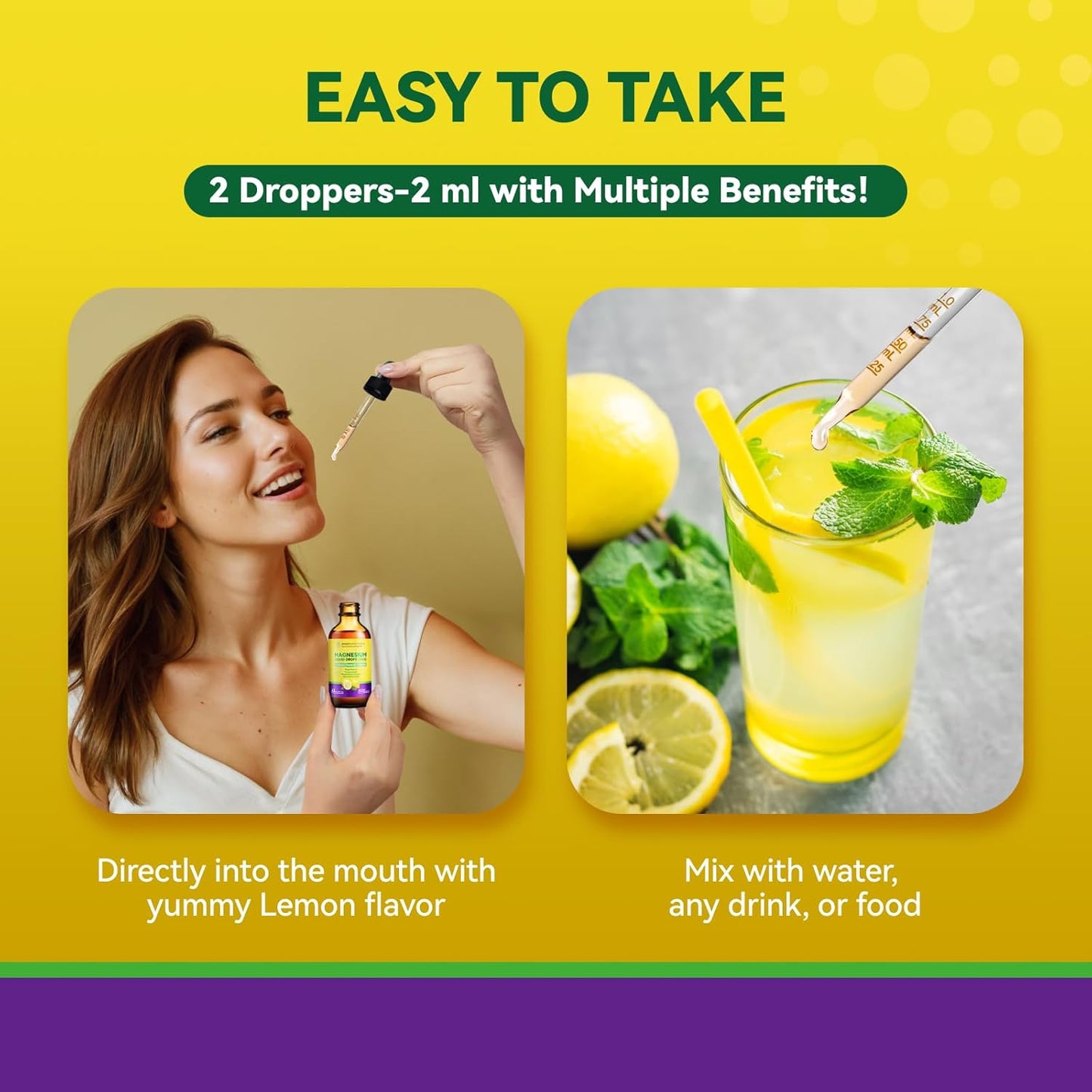 Magnesium Glycinate Liquid Drops 1500mg with Citrate, Taurate, L-Theanine, D3, B6 - Calm, Sleep, Muscle Relaxation, Leg Cramps, Energy - Lemon Flavor, 60mL-2 Pack