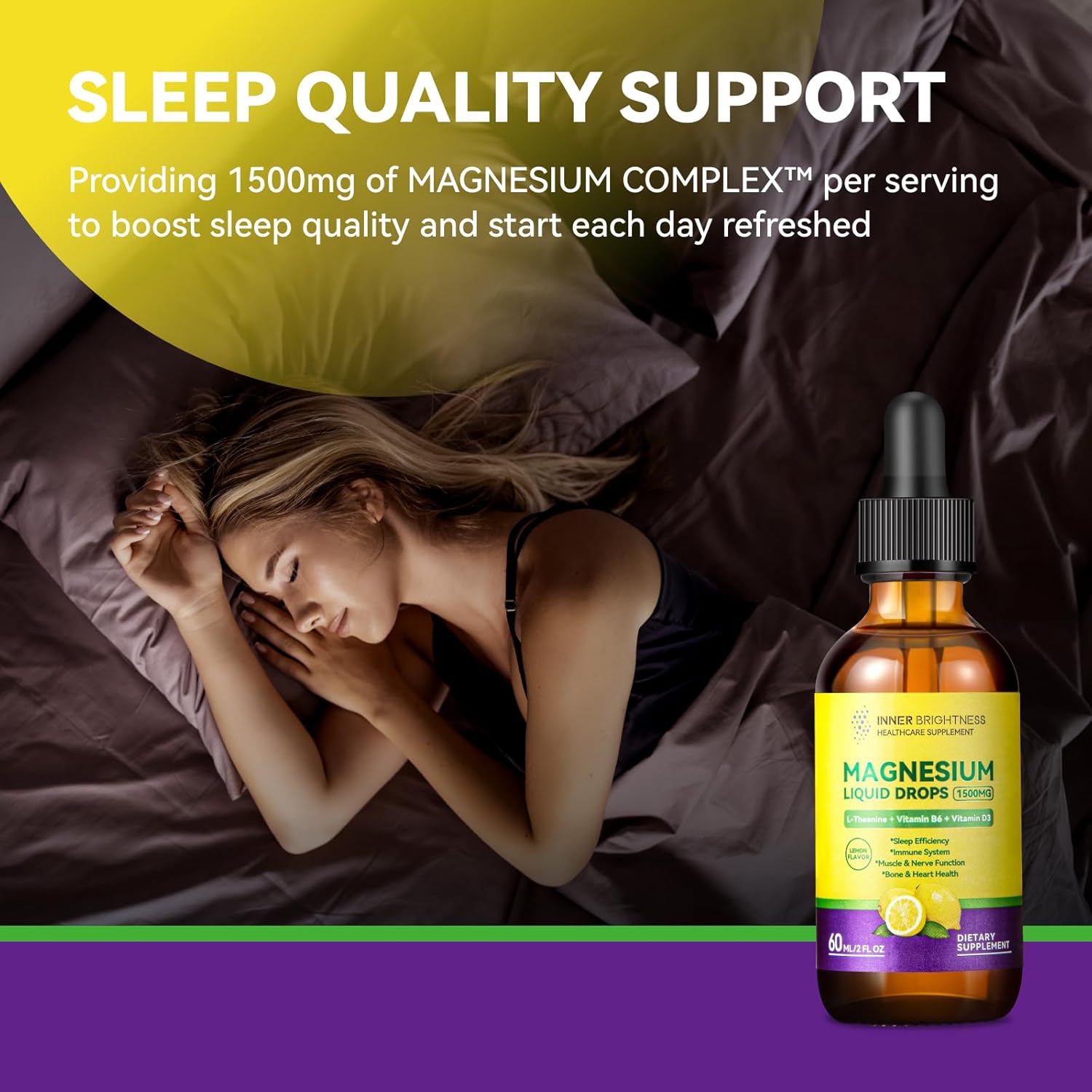 Magnesium Glycinate Liquid Drops 1500mg with Citrate, Taurate, L-Theanine, D3, B6 - Calm, Sleep, Muscle Relaxation, Leg Cramps, Energy - Lemon Flavor, 60mL-2 Pack