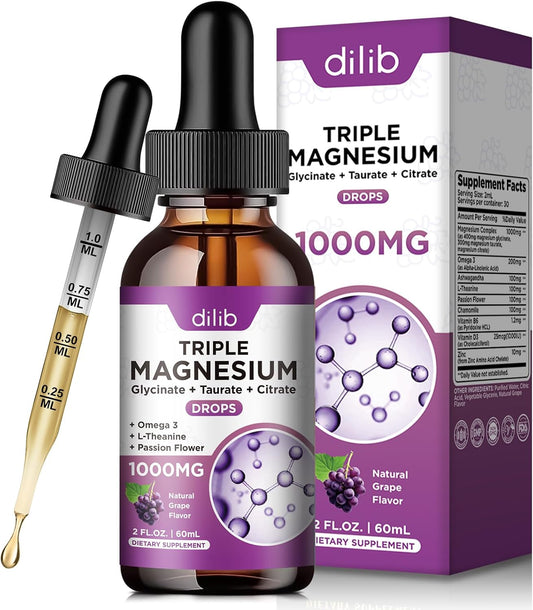 Magnesium Glycinate Liquid Drops with Taurate Citrate - Vegan Sleep and Stress Relief Supplement - 2 Fl Oz Grape Flavor