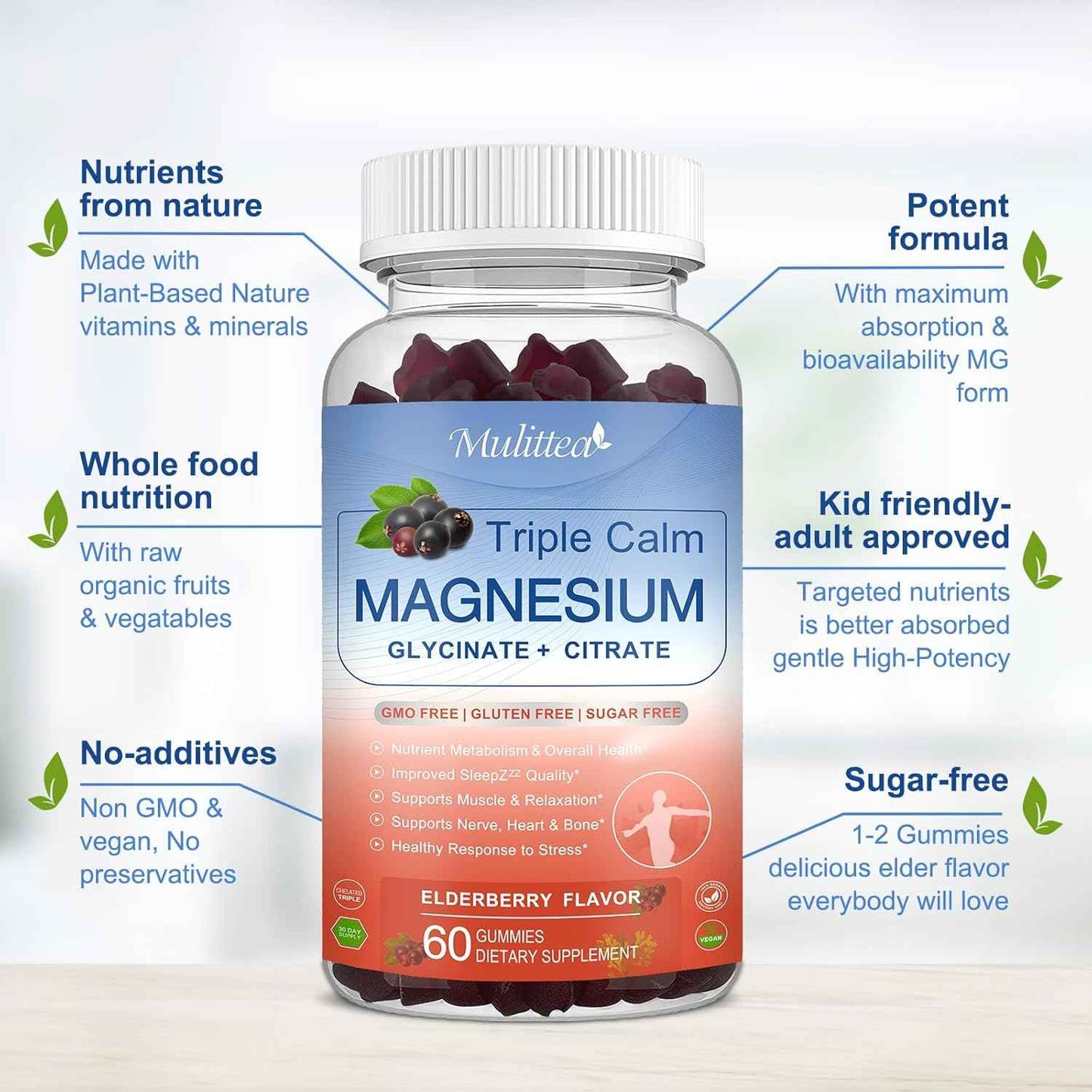 Magnesium Glycinate Supplement w/Natural Vitamin & Super Food for Bone Health, Nerves, Muscles Stress & Calm– Vegan, Gluten Free, 120 Gummies, 60 Days Berry Flavor