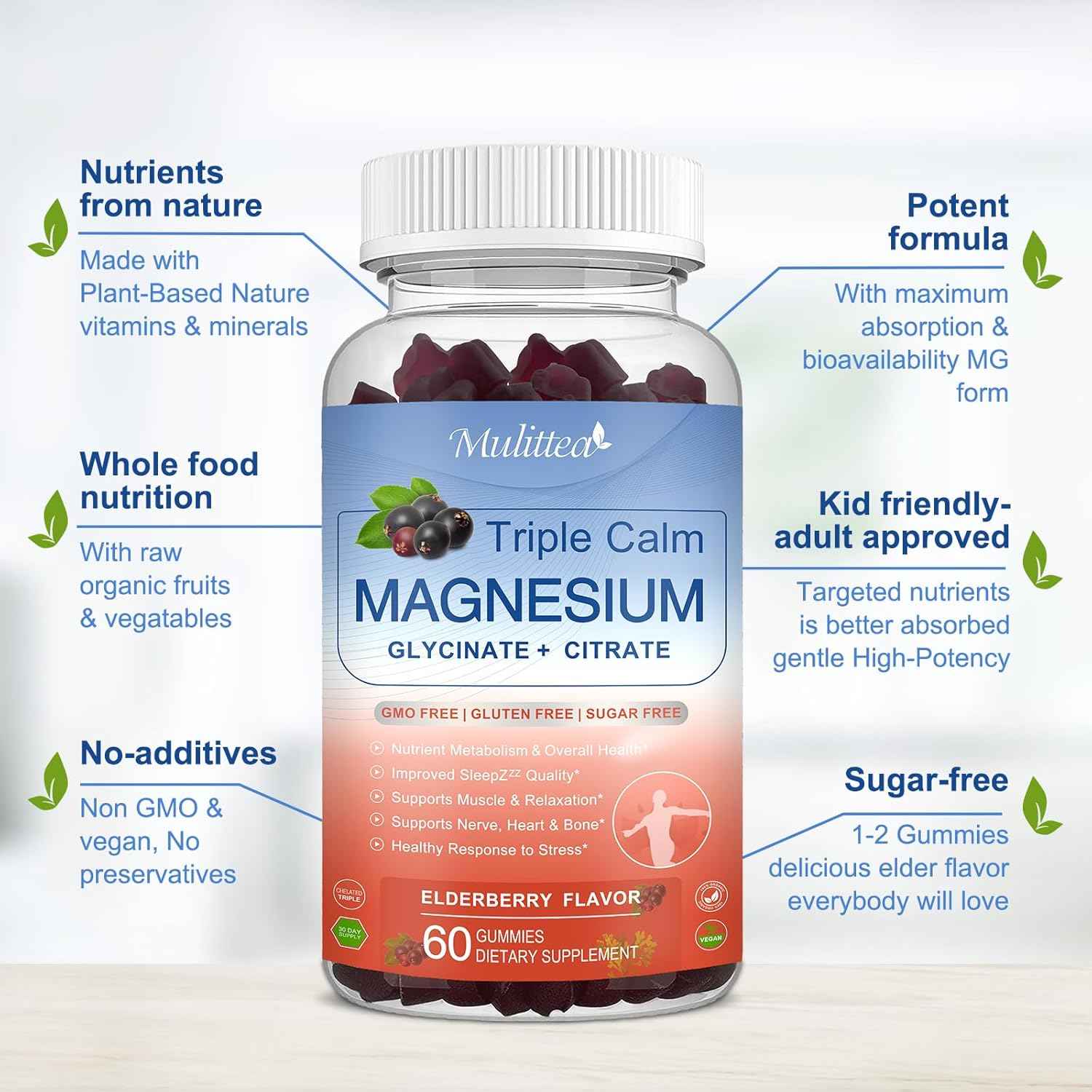 Magnesium Glycinate Supplement w/Natural Vitamin & Super Food for Bone Health, Nerves, Muscles Stress & Calm– Vegan, Gluten Free, 120 Gummies, 60 Days Berry Flavor