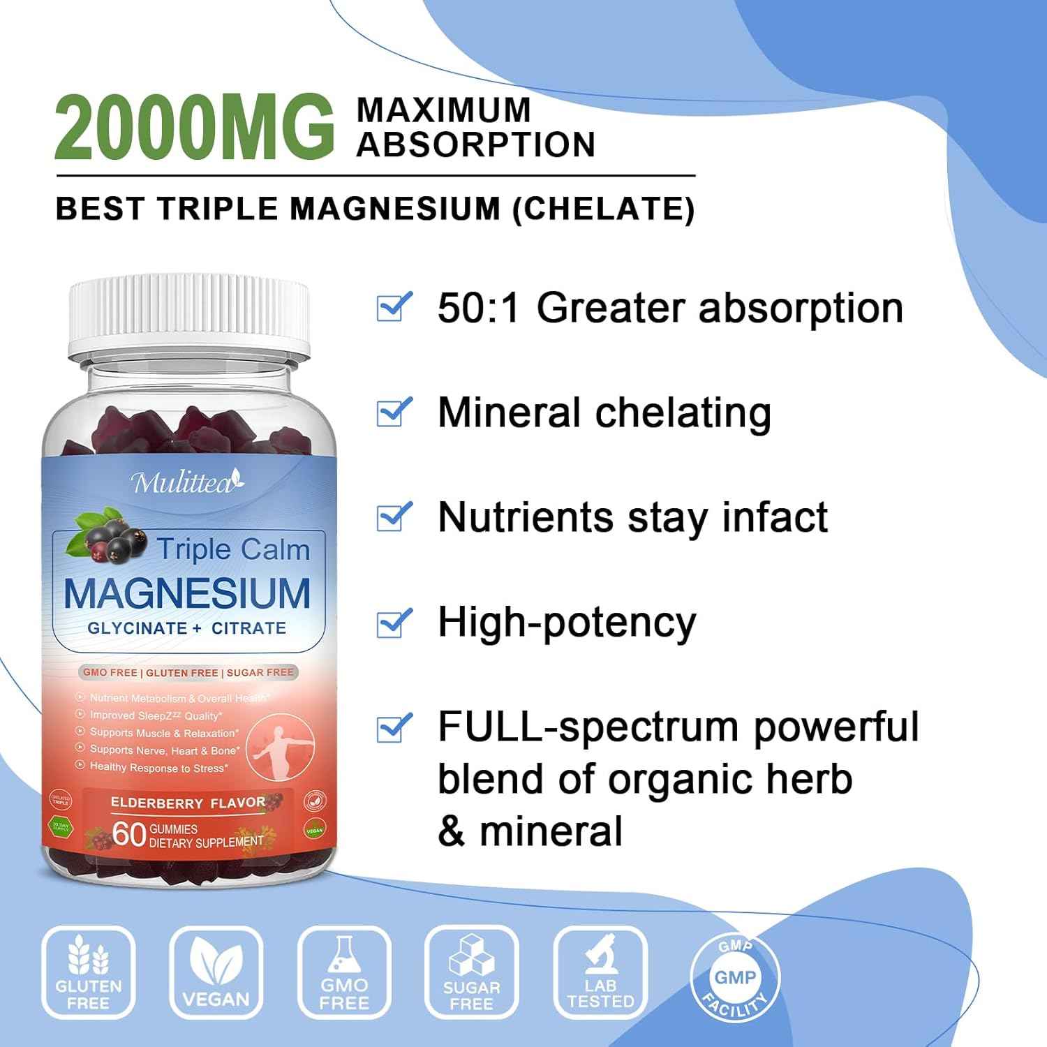 Magnesium Glycinate Supplement w/Natural Vitamin & Super Food for Bone Health, Nerves, Muscles Stress & Calm– Vegan, Gluten Free, 120 Gummies, 60 Days Berry Flavor