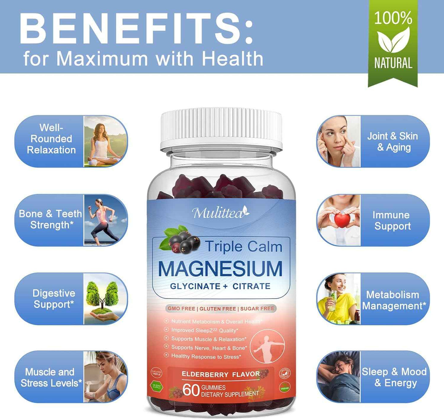 Magnesium Glycinate Supplement w/Natural Vitamin & Super Food for Bone Health, Nerves, Muscles Stress & Calm– Vegan, Gluten Free, 120 Gummies, 60 Days Berry Flavor