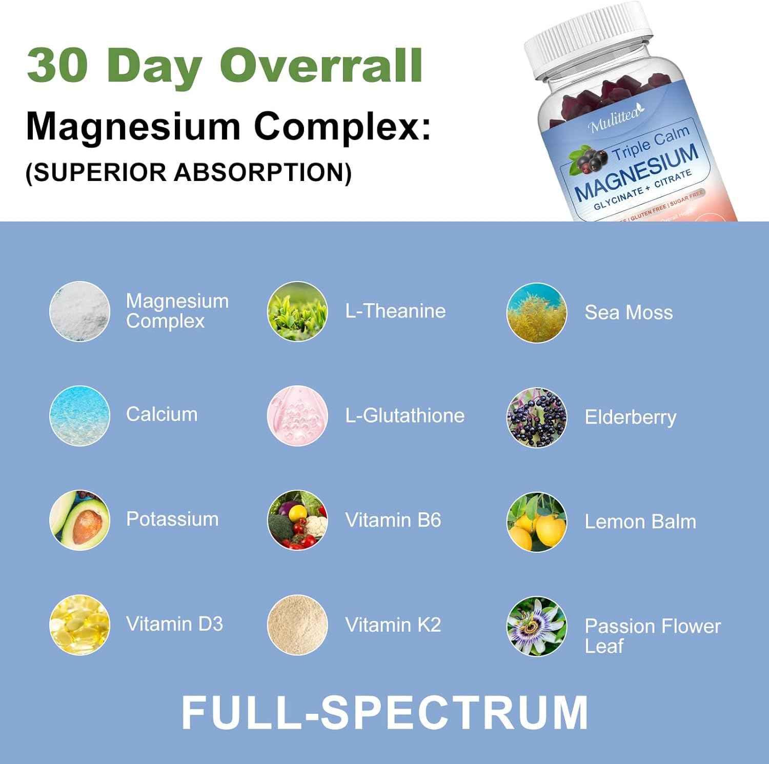 Magnesium Glycinate Supplement w/Natural Vitamin & Super Food for Bone Health, Nerves, Muscles Stress & Calm– Vegan, Gluten Free, 120 Gummies, 60 Days Berry Flavor