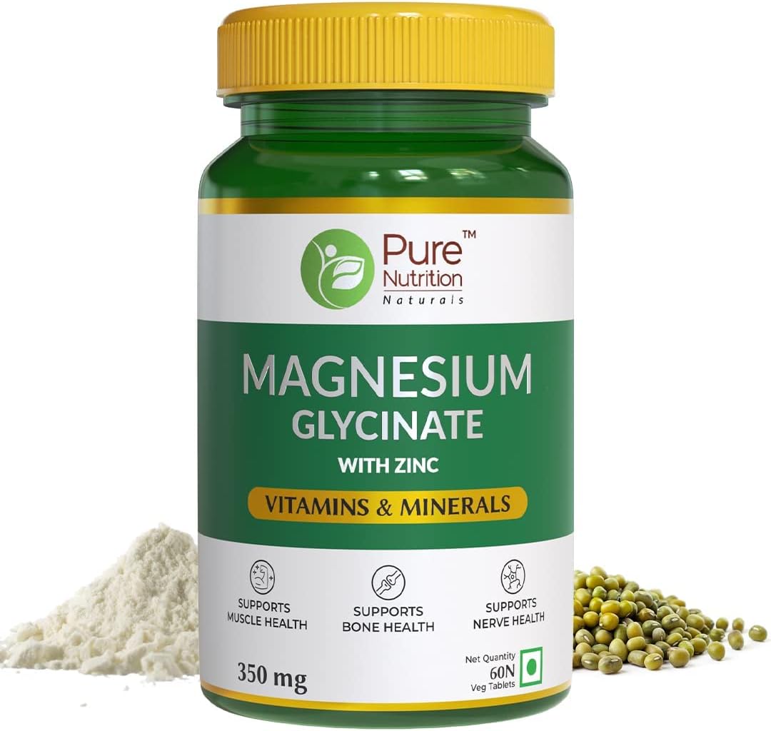 Magnesium Glycinate + Zinc Supplement for Bone, Muscle, Nerve Health - 60 Vegetarian Tablets - Promotes Relaxation, Heart Support