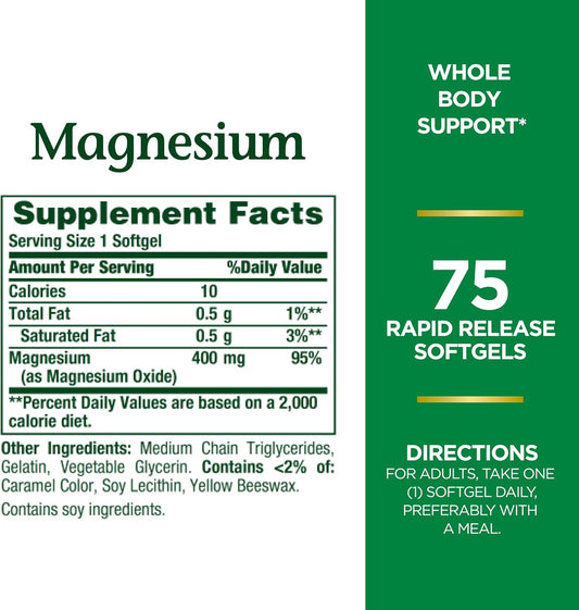 Magnesium Softgels for Heart, Nerve, and Bone Health - 400 mg, 75ct x 2 Pack - Nature's Bounty