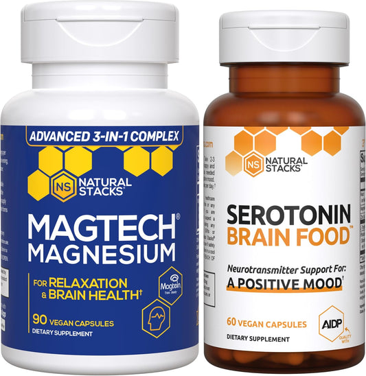 MagTech Magnesium + Serotonin Brain Food Bundle - Supports Relaxation, Brain Health & Positive Mood - 150 Capsules