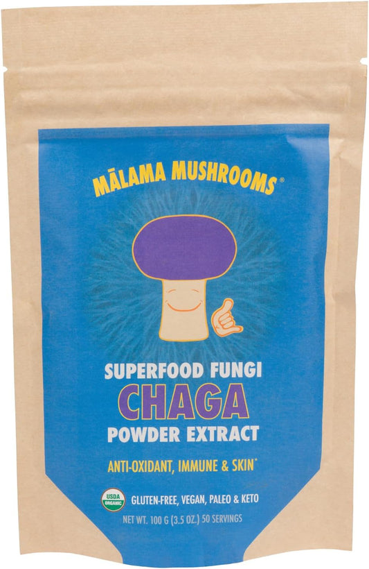Malama Mushrooms Organic Chaga Extract Powder - Superfood Adaptogen for Immune Support, Skin Health, Energy Boost - 100 Servings