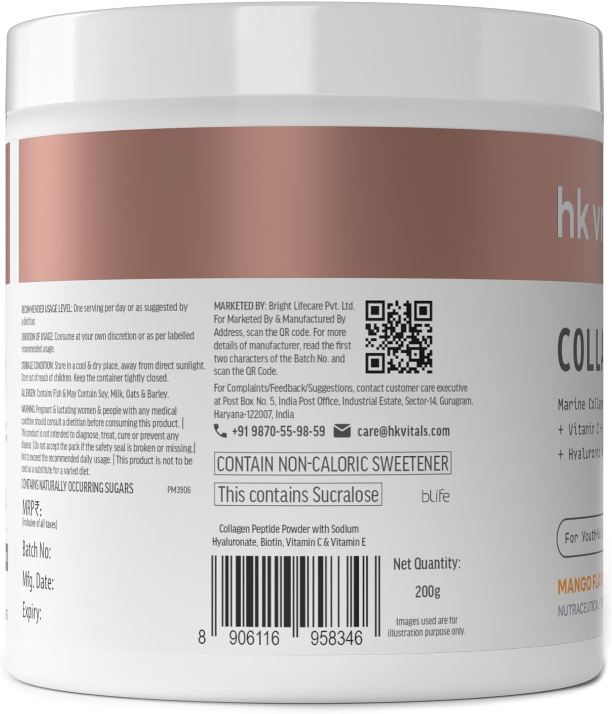 Mango Marine Collagen Powder Supplement (200g) with Vitamin C, E, and Hyaluronic Acid for Skin, Hair, and Nails