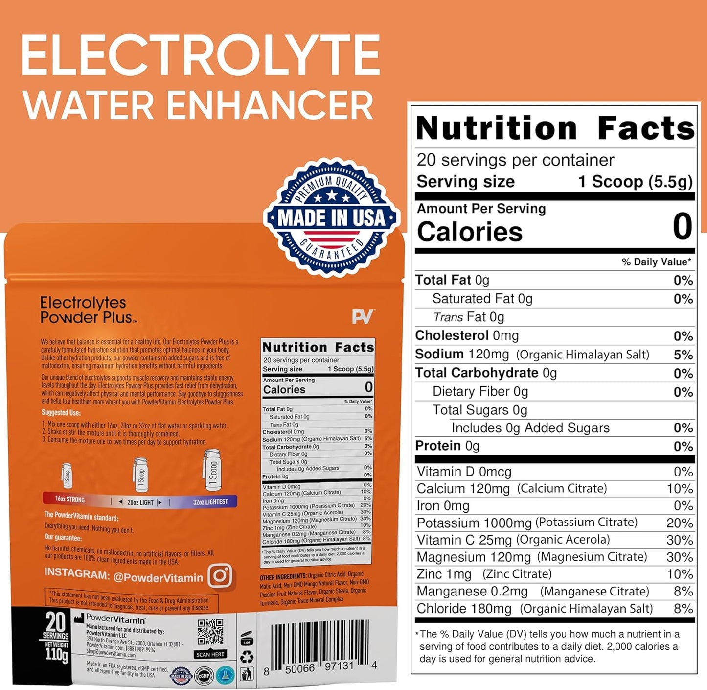 Mango Passionfruit Electrolyte Powder with 1000mg Potassium, Zero Calorie Keto-Friendly Formula