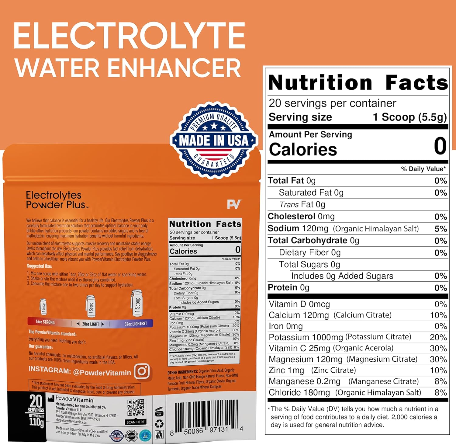 Mango Passionfruit Electrolyte Powder with 1000mg Potassium, Zero Calorie Keto-Friendly Formula