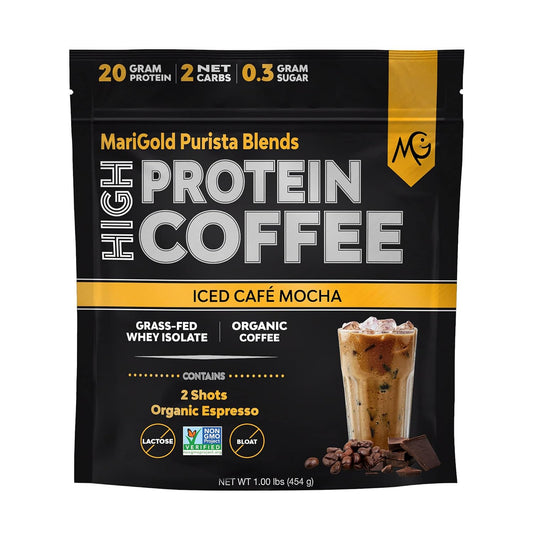 MariGold Iced Café Mocha High Protein Coffee: 20g Grass Fed Whey Protein Isolate, Energy Boost, 2 Shots Organic Espresso, Non-GMO, 2 Net Carb, 1 Lb Bag, 15 Servings