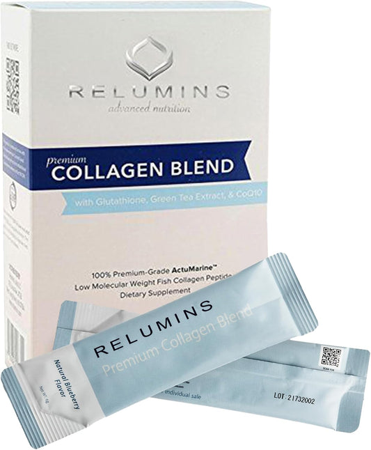 Marine Collagen Powder Drink Mix with Glutathione, Green Tea, CoQ10, Hyaluronic Acid - Blueberry Flavored - 10 Sachets