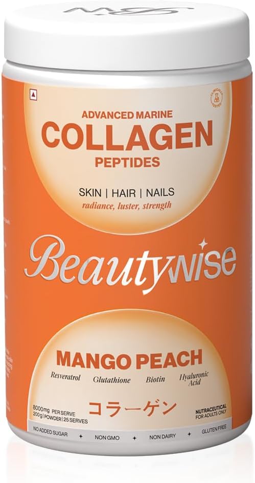 Marine Collagen Powder with Hyaluronic Acid, Glutathione, Biotin - 250g Mango-Peach Flavor, Sugar-Free, Easy to Mix