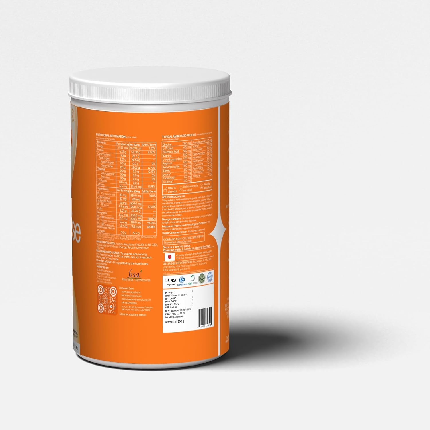 Marine Collagen Powder with Hyaluronic Acid, Glutathione, Biotin - 250g Mango-Peach Flavor, Sugar-Free, Easy to Mix