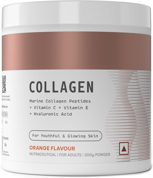 Marine Collagen Supplement with Vitamin C, E, and Sodium Hyaluronate for Healthy Skin, Hair & Nails - Orange Flavor, 200g