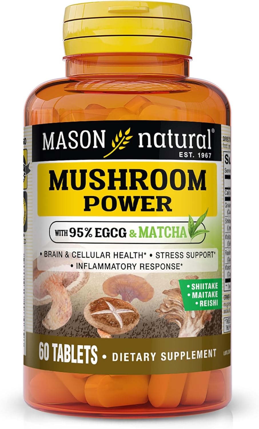 MASON NATURAL Mushroom Power Tablets with 95% EGCG & Matcha for Wellness & Stress Relief, 60 Plant-Based Tabs