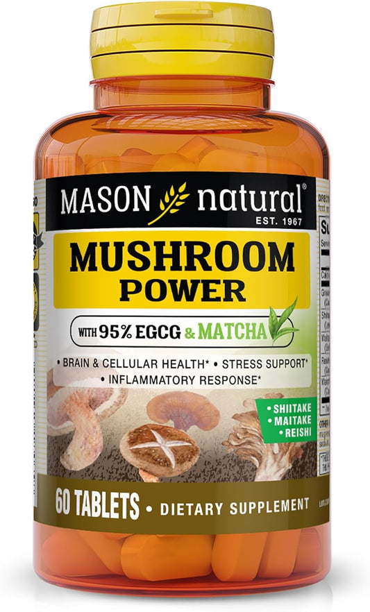 MASON NATURAL Mushroom Power Tablets with 95% EGCG & Matcha for Wellness & Stress Relief, 60 Plant-Based Tabs
