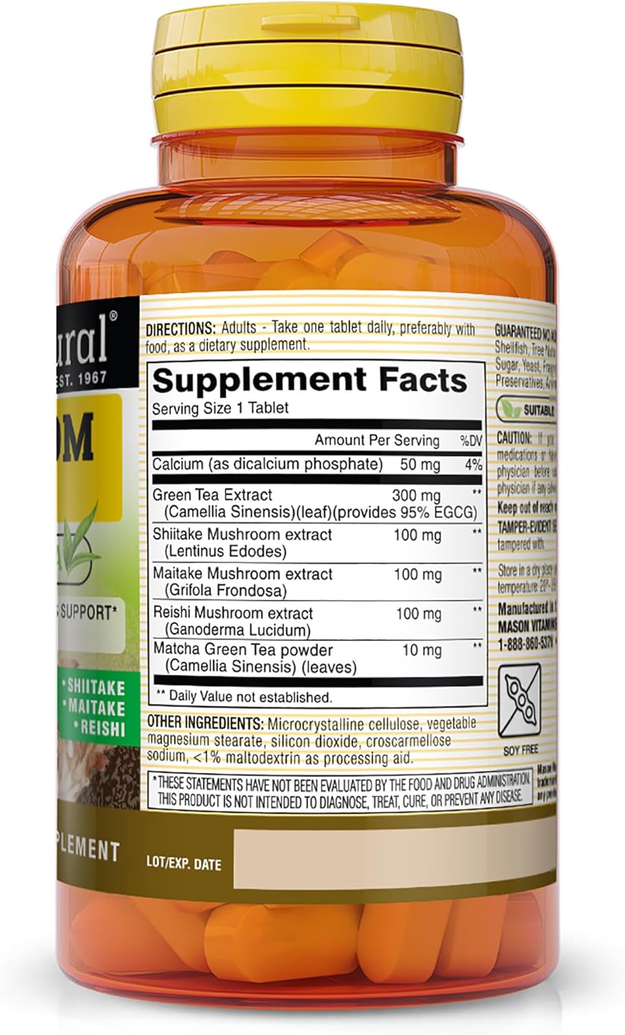 MASON NATURAL Mushroom Power Tablets with 95% EGCG & Matcha for Wellness & Stress Relief, 60 Plant-Based Tabs