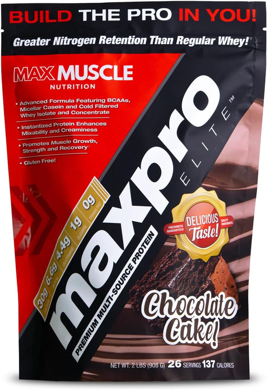 Max Muscle Maxpro Elite Premium Protein Blend with BCAAs, Micellar Casein, and Whey | Supports Muscle Growth and Recovery | 2lb Jar