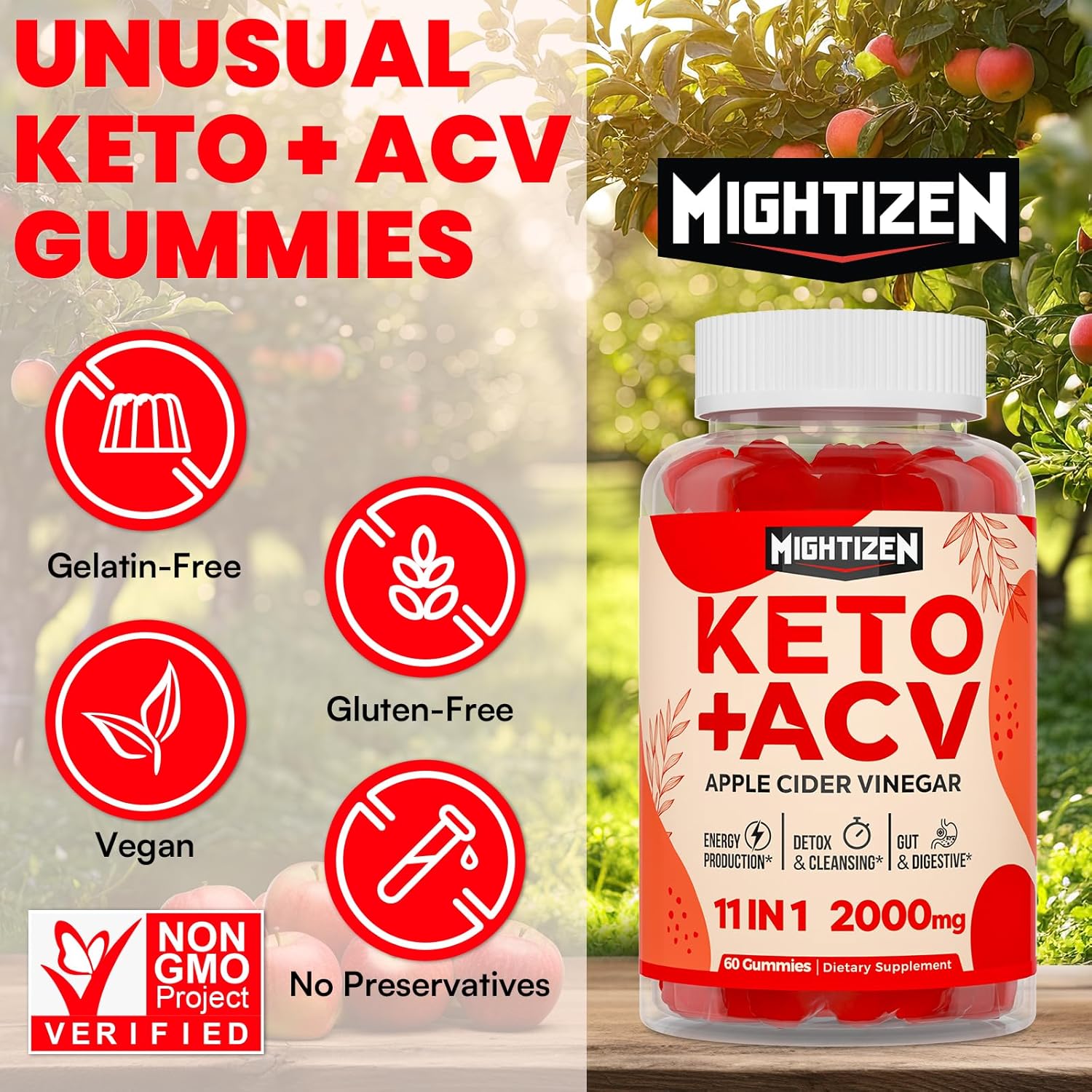 Max Strength Mightizen Apple Cider Vinegar Gummies with Green Tea, Probiotics, B12, B6 - Keto Support for Cleansing, Digestion, Gut & Immune - 2000mg - Vegan & Non-GMO - 11 Pack