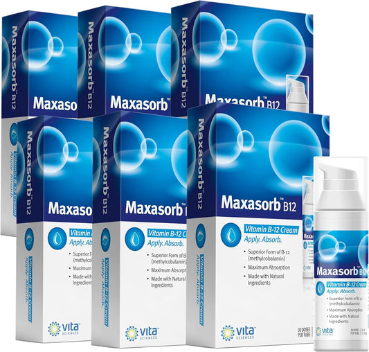 Maxasorb B12 Methylcobalamin Cream 1000 mcg for Energy, Health, and Skin - Pack of 6