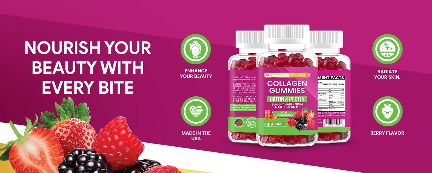 Maximize Within Vegan Collagen Gummies, Mixed Berries Flavor, 60 Gummies, Supports Hair, Skin, Nails, Joints