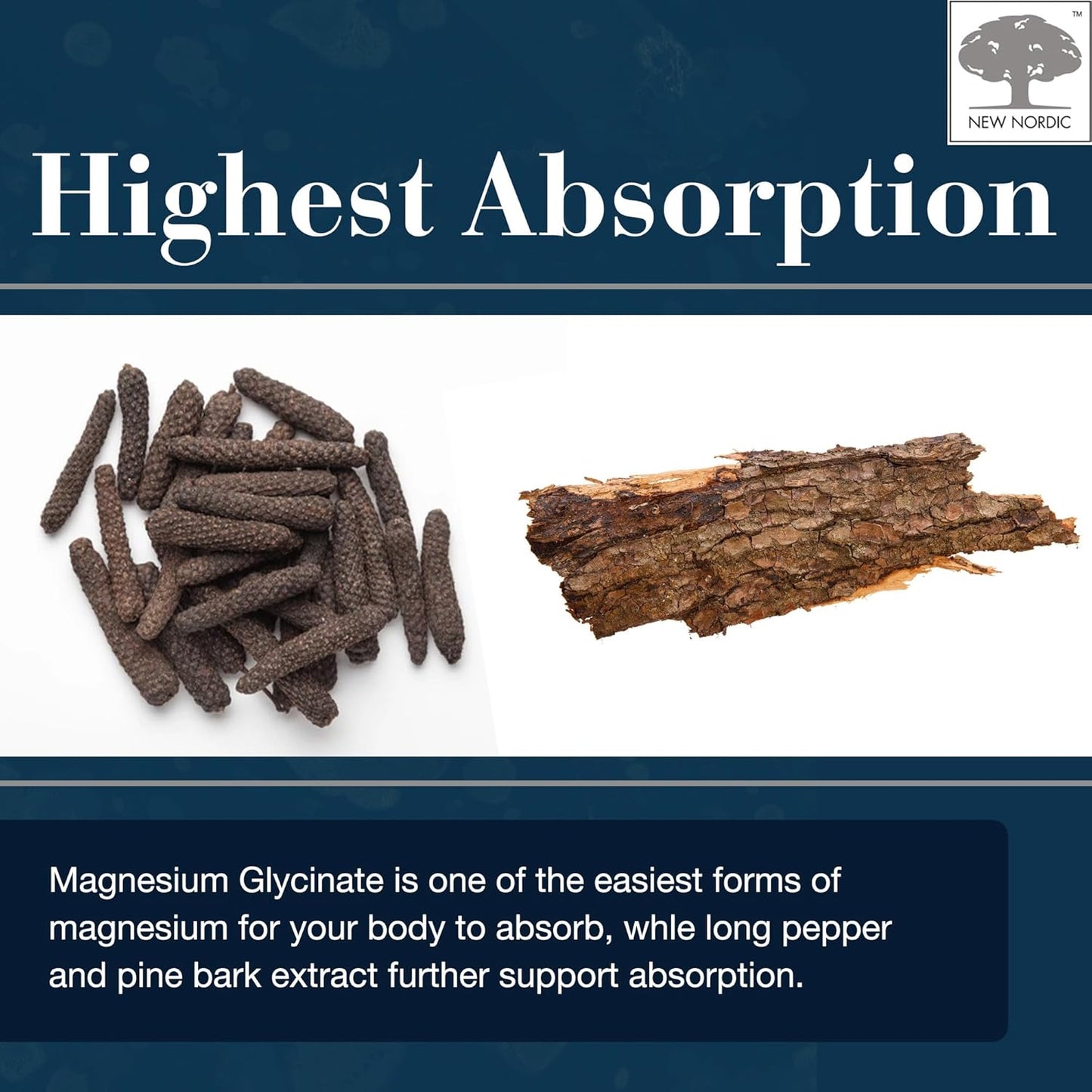Maximum Absorption Magnesium Glycinate Tablets with Pine Bark & Long Pepper for Men & Women, 30 Servings