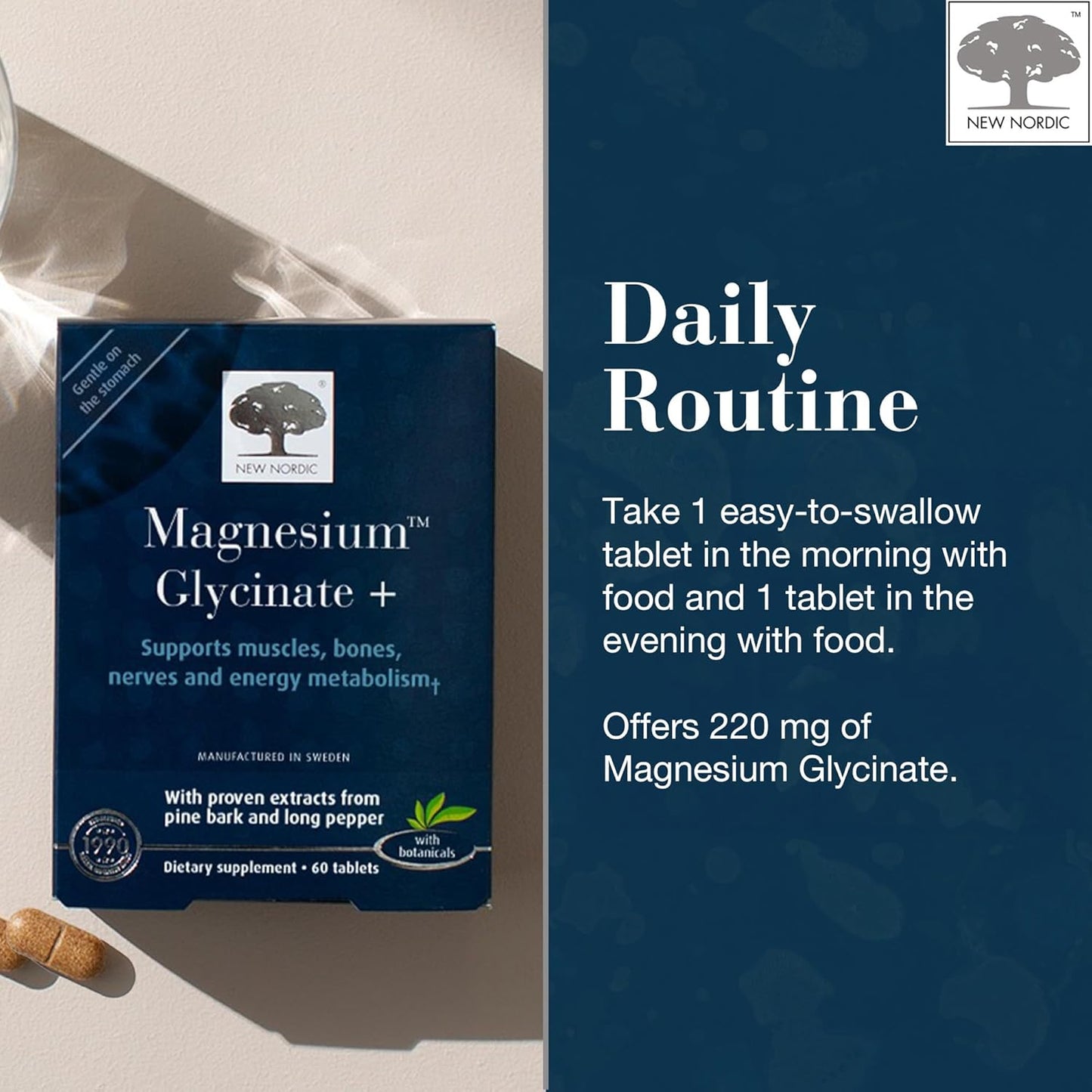 Maximum Absorption Magnesium Glycinate Tablets with Pine Bark & Long Pepper for Men & Women, 30 Servings