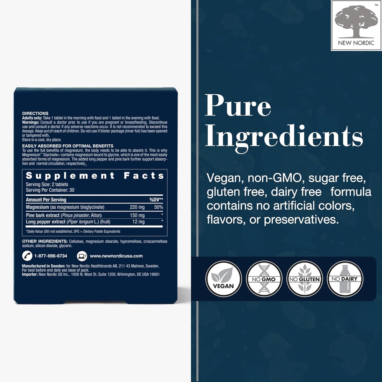 Maximum Absorption Magnesium Glycinate Tablets with Pine Bark & Long Pepper for Men & Women, 30 Servings