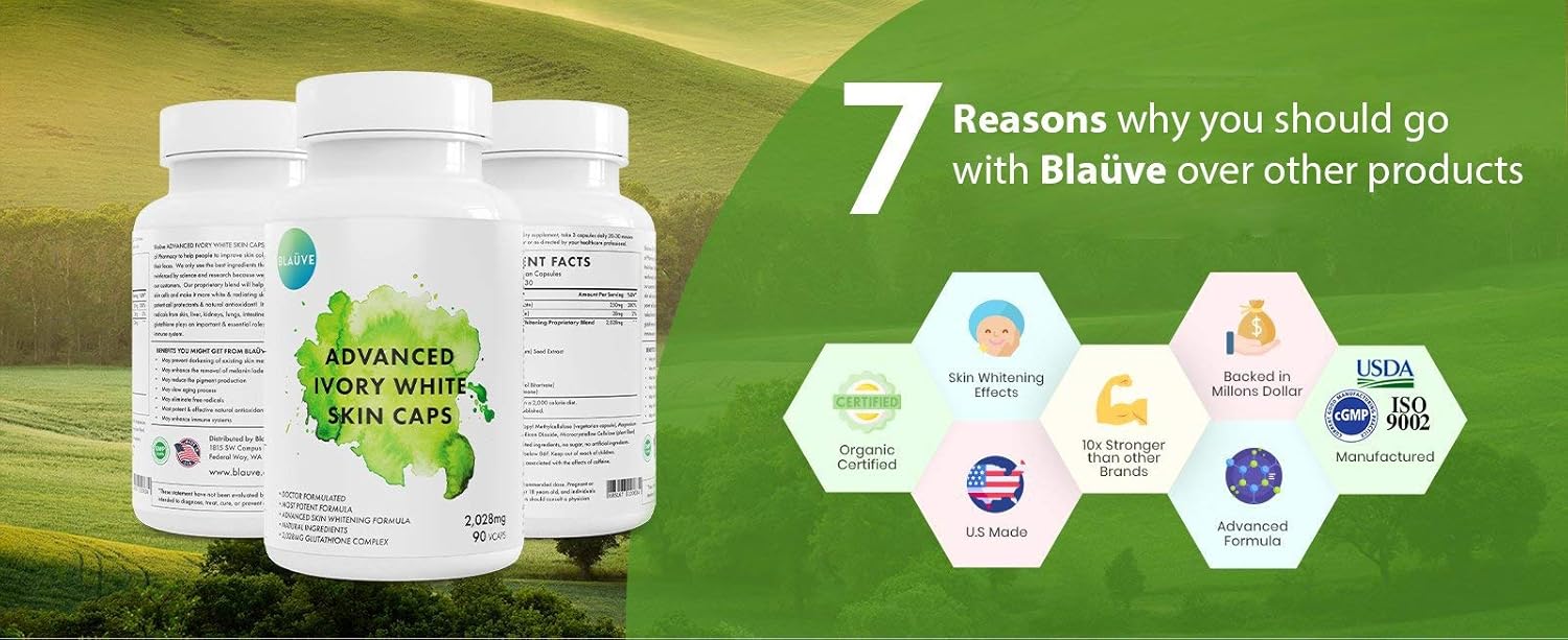 Maximum Potency Glutathione Skin Whitening Capsules - 2028mg GSH - Dark Spot Remover - Doctor Formulated Whitener - 90 Capsules - Ivory White Skin Tone Lightener