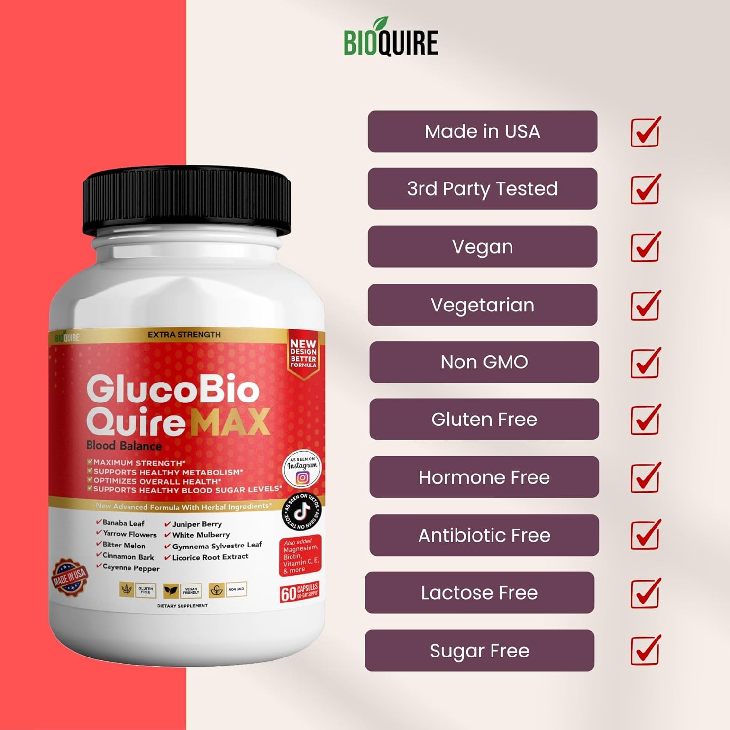 Maximum Strength Gluco Bio Quire Supplement for Healthy Blood Sugar Balance - 60 Capsules