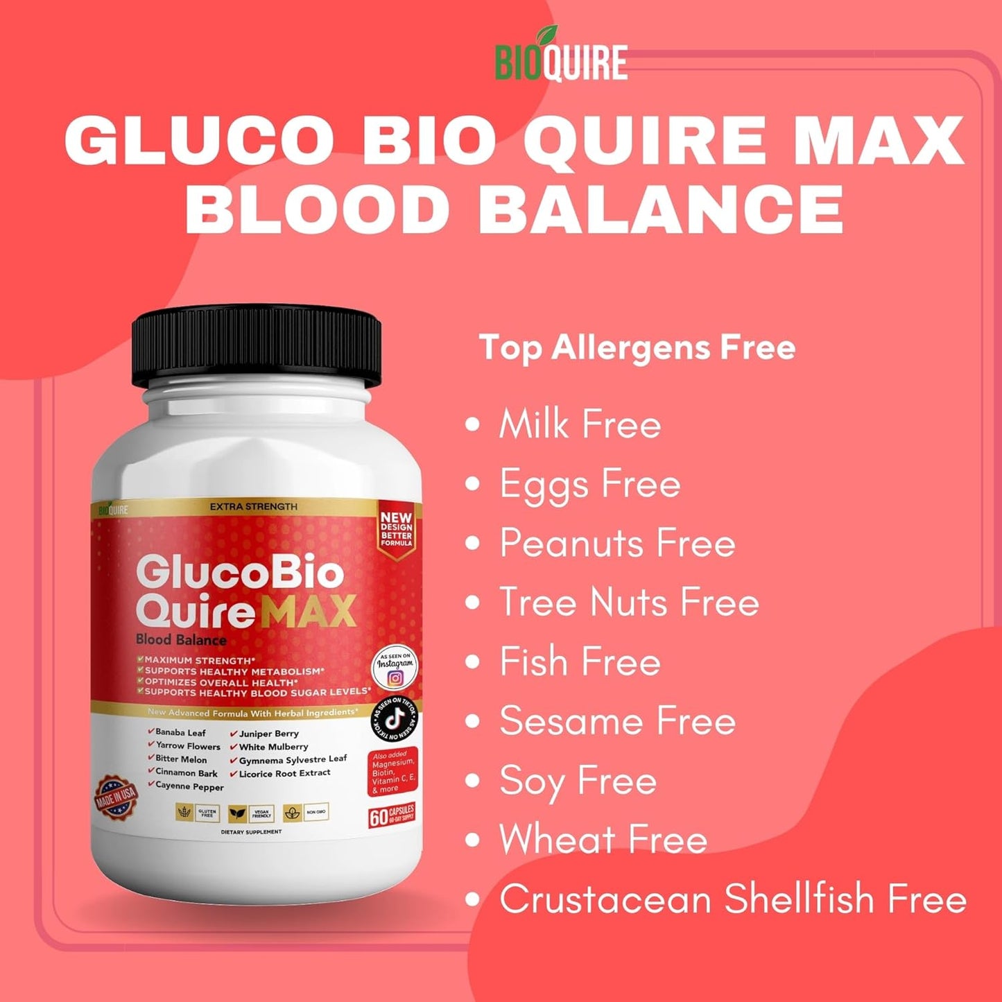 Maximum Strength Gluco Bio Quire Supplement for Healthy Blood Sugar Balance - 60 Capsules