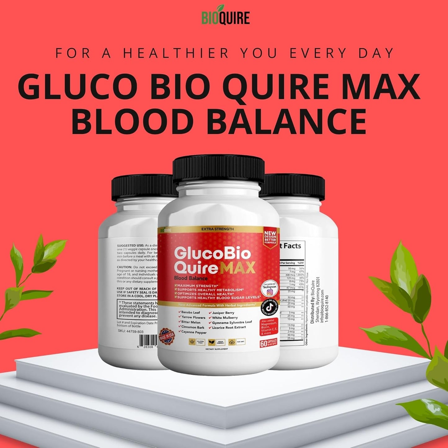 Maximum Strength Gluco Bio Quire Supplement for Healthy Blood Sugar Balance - 60 Capsules