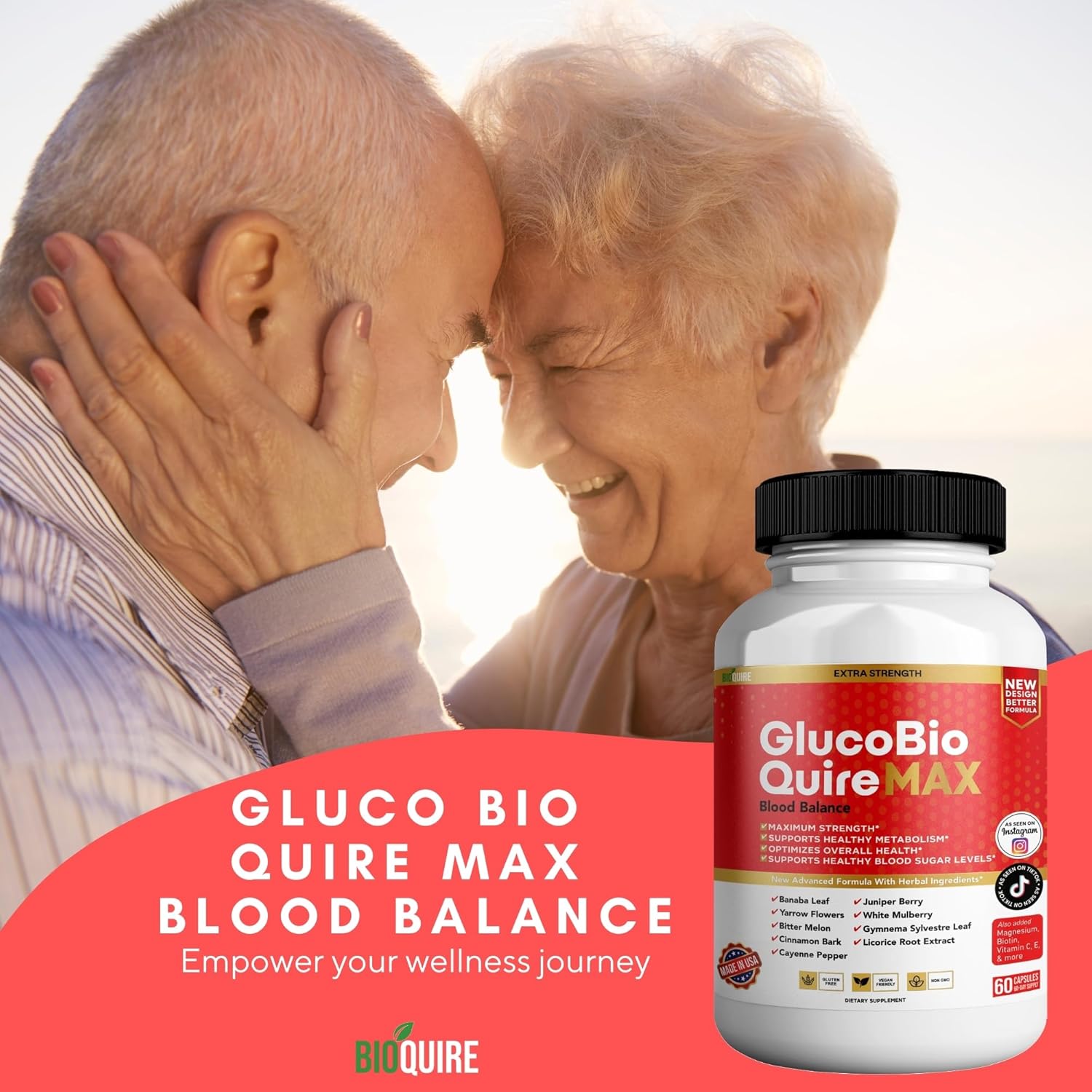 Maximum Strength Gluco Bio Quire Supplement for Healthy Blood Sugar Balance - 60 Capsules