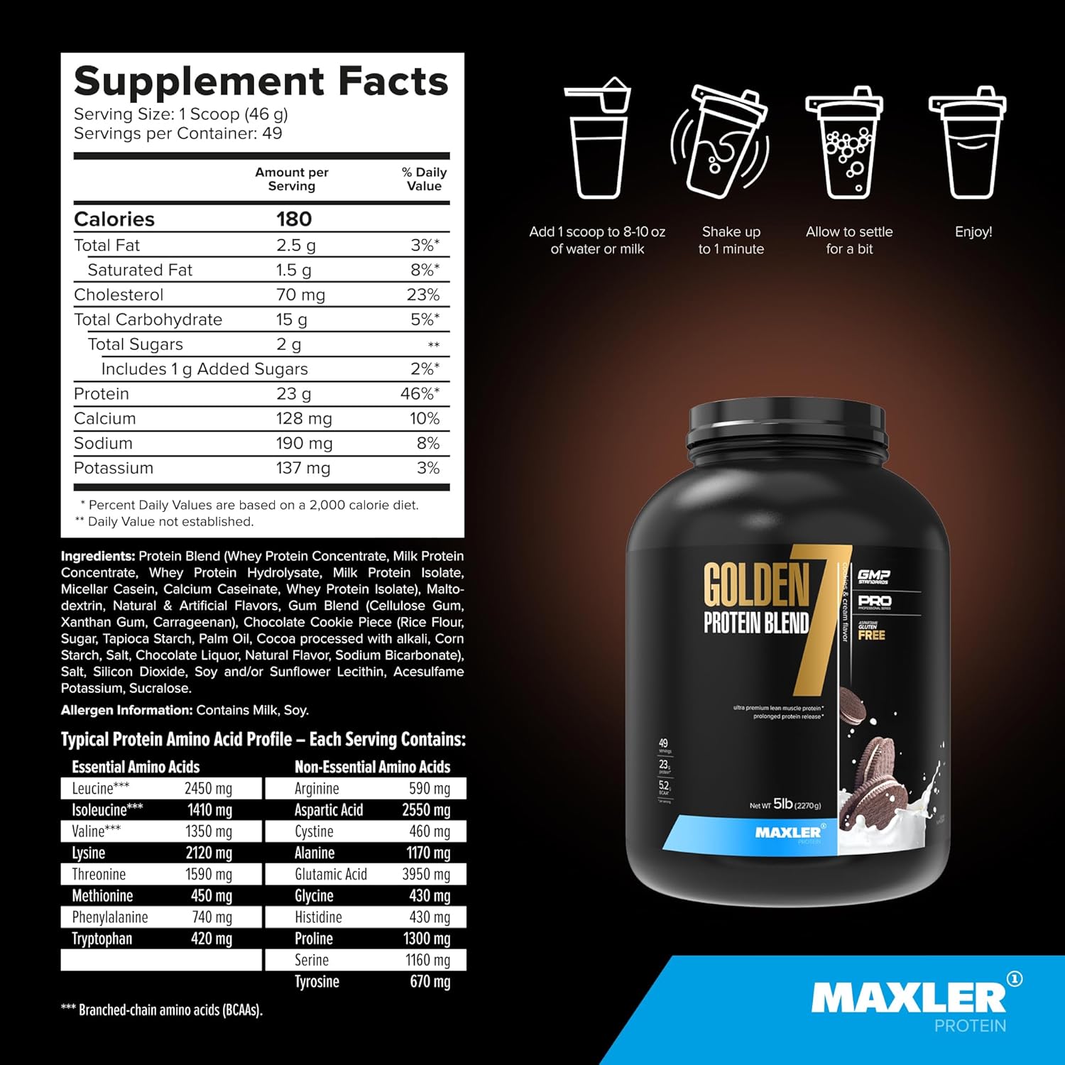 Maxler Golden 7 Protein Blend - Cookies and Cream Protein Powder 5 lb - Ideal for Building Muscle and Enhancing Recovery