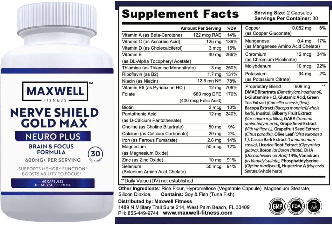 MAXWELL FITNESS Nerve Shield Gold Pro Max, Brain Focus Formula, 600mg+, 60 Capsules, Memory Support