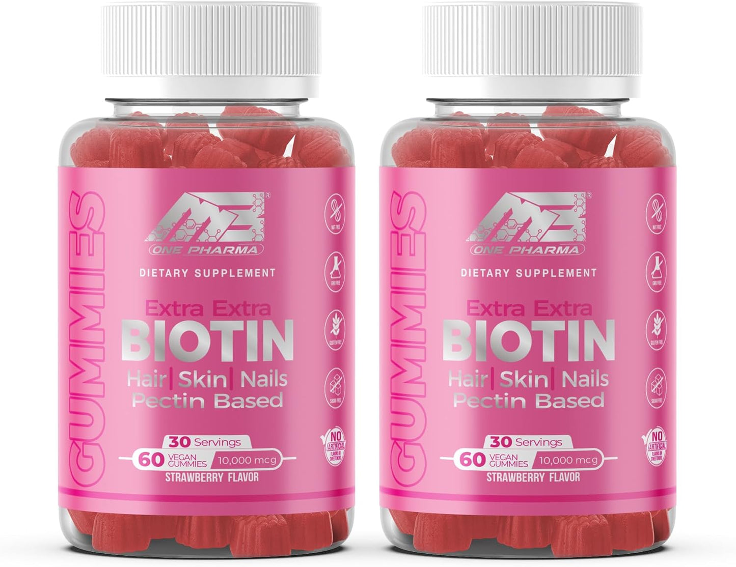 MB One Pharma Biotin Gummies - 10000 Mcg High Potency Hair, Skin, Nails Strengthening - Non-GMO Pectin Plant Based - Kids & Adults - Strawberry Flavor - 2 Pack