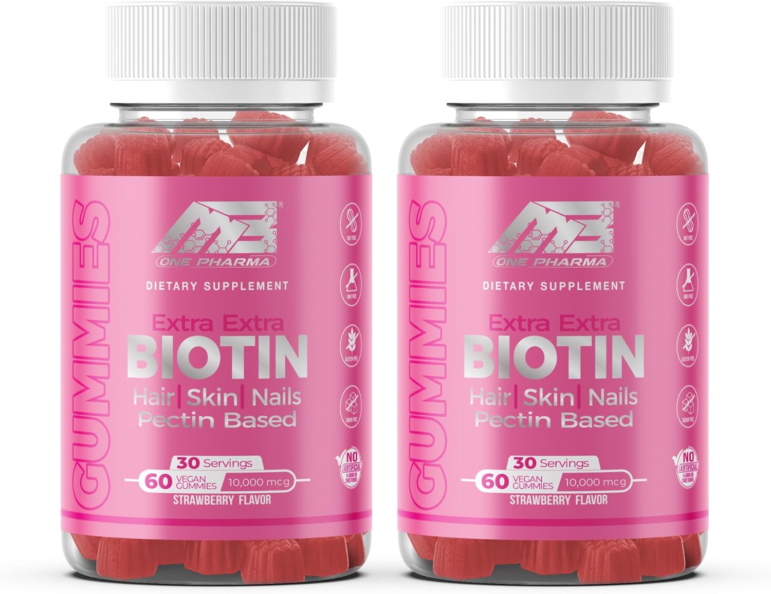 MB One Pharma Biotin Gummies - 10000 Mcg High Potency Hair, Skin, Nails Strengthening - Non-GMO Pectin Plant Based - Kids & Adults - Strawberry Flavor - 2 Pack