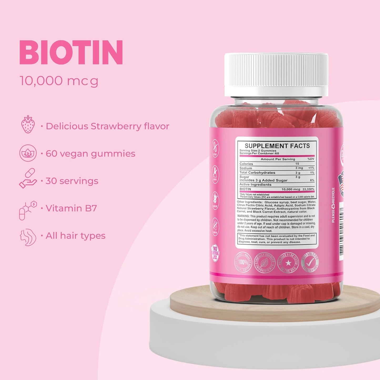 MB One Pharma Biotin Gummies - 10000 Mcg High Potency Hair, Skin, Nails Strengthening - Non-GMO Pectin Plant Based - Kids & Adults - Strawberry Flavor - 2 Pack